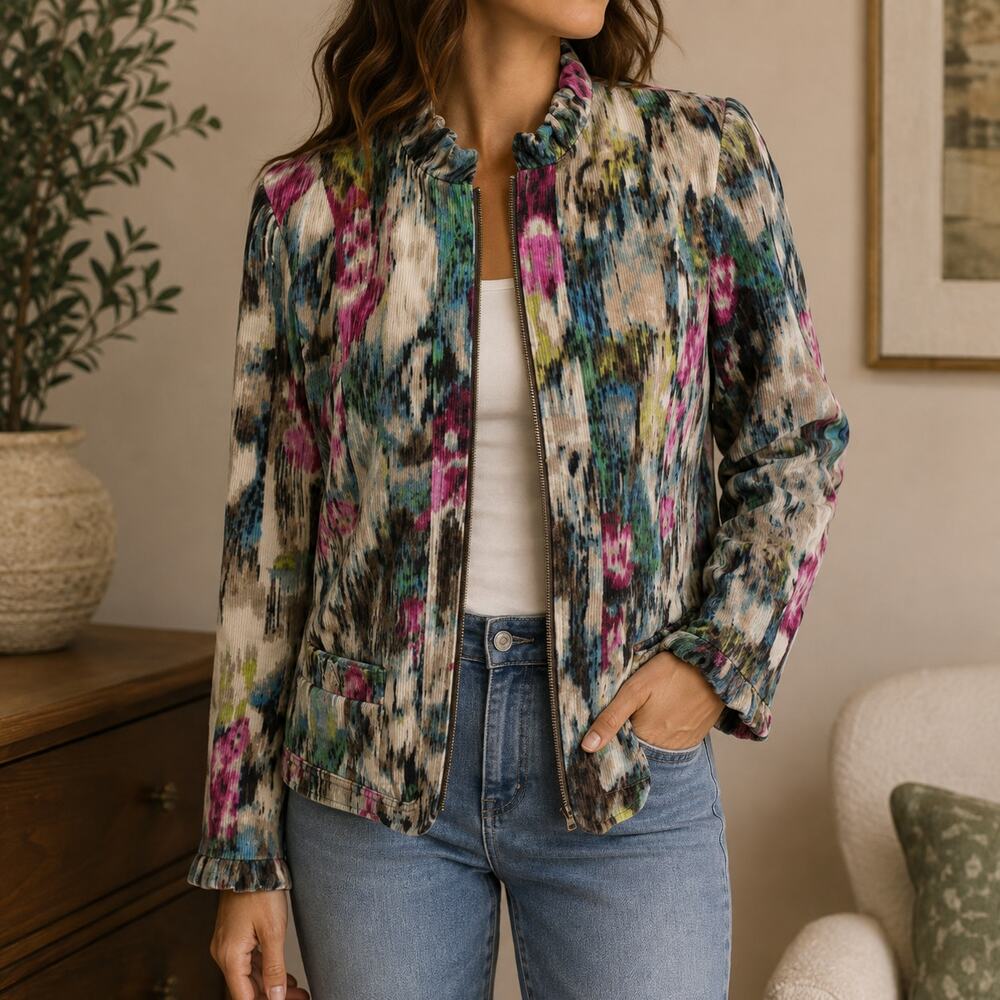 Vintage Requirements Womens Floral Corduroy Jacket Size M Watercolor Ruffle Neck